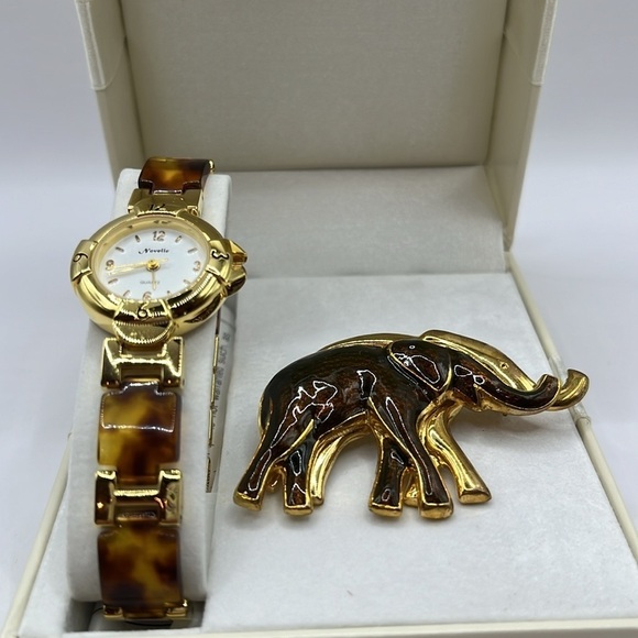 Elephant Novelle watch Faux Tortoise Gold Tone Link Watch  Pin Gift Set - Picture 3 of 10